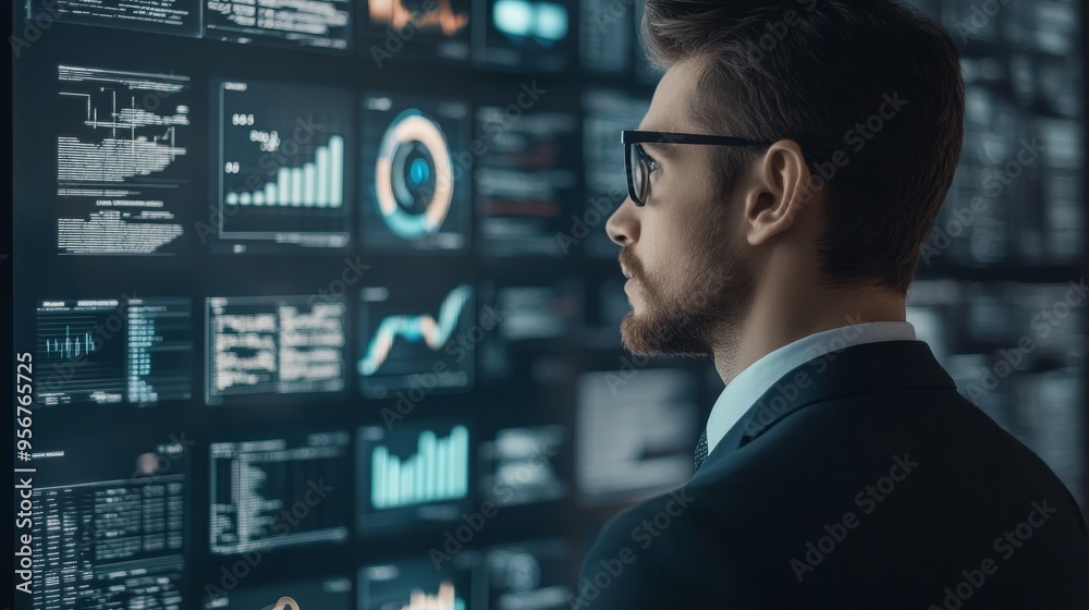 A professional observing data analytics on a digital screen, showcasing insights and trends. A professional observing data analytics on a digital screen, showcasing insights and trends.