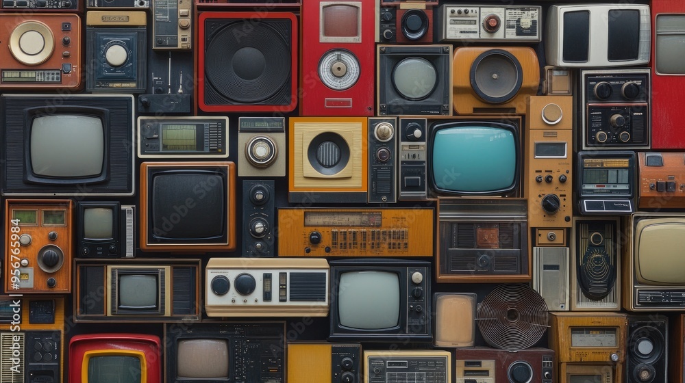 Obraz premium Vintage electronics, including televisions and radios, arranged in a seamless pattern. The image creates a nostalgic, retro-themed backdrop with rich textures.