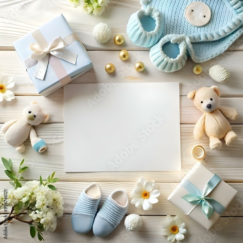 Celebrate a new arrival with this charming baby shower invitation mockup featuring a blank card. blue booties. a teddy bear. and delicate floral accents.