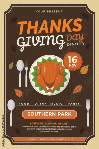thanksgiving day, thanksgiving meal invitation, harvest, turkey, flyer template vector design