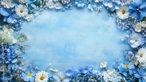 Blue and White Flower Frame on Light Blue Background