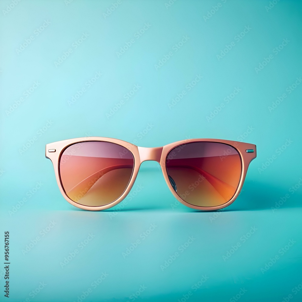 A pair of stylish pink sunglasses with orange lenses rest against a vibrant turquoise background. A pair of stylish pink sunglasses with orange lenses rest against a vibrant turquoise background.