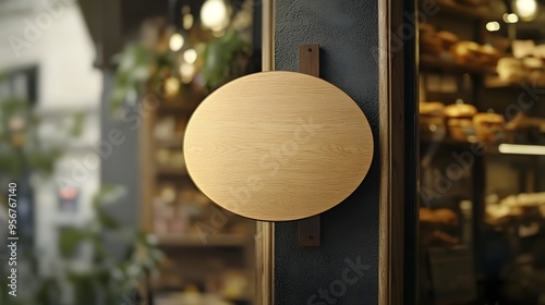 Wooden Oval Signage Mockup for Bakery Shop Branding and Advertising Display photo