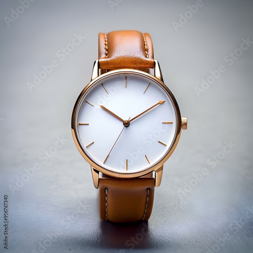 A classic and elegant wristwatch with a white dial. rose gold hands and casing. and a brown leather strap. photo