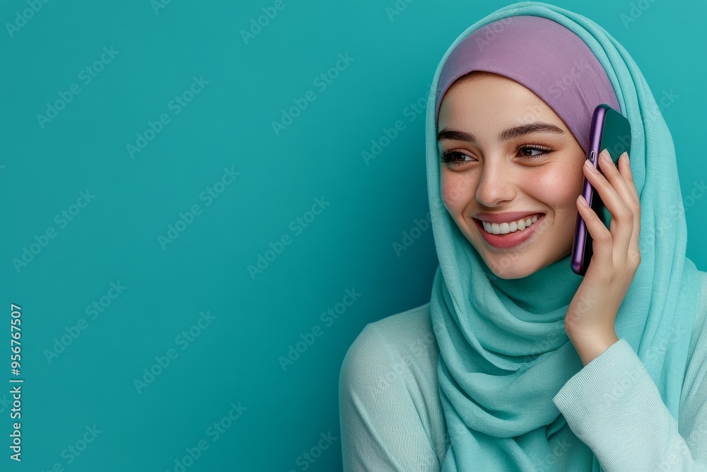 Voice recording. Close-up portrait of muslim woman isolated on studio background. Concept of human emotions, facial expression. Copyspace for advertisement. People in halftones. Voice recording. Close-up portrait of muslim woman isolated on studio background. Concept of human emotions, facial expression. Copyspace for advertisement. People in halftones.