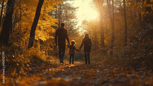 Young family enjoys a walk hand in hand through a golden autumn forest during sunset