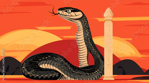 Mythical Cobra Snake and Ancient Pillar Design, Sunset Landscape, Indian Mythology Art Illustration photo