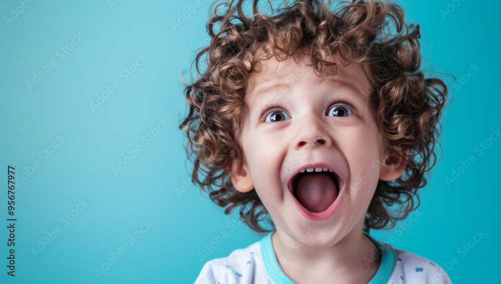 Cute little Surprise, boy and child with decision, opportunity and fantasy on a blue studio background. Person, copy space happy kid, future and announcement with shock, expression and emoji Cute little Surprise, boy and child with decision, opportunity and fantasy on a blue studio background. Person, copy space happy kid, future and announcement with shock, expression and emoji