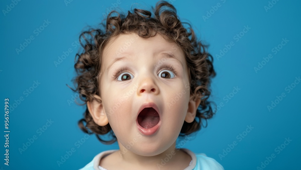 Cute little Surprise, boy and child with decision, opportunity and fantasy on a blue studio background. Person, copy space happy kid, future and announcement with shock, expression and emoji Cute little Surprise, boy and child with decision, opportunity and fantasy on a blue studio background. Person, copy space happy kid, future and announcement with shock, expression and emoji