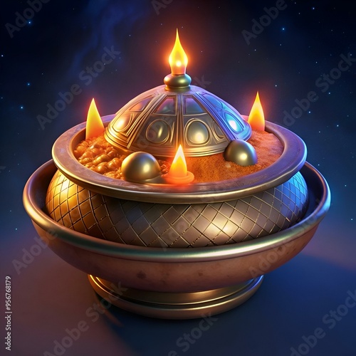 A 3D illustration of a mystical golden bowl with a domed lid and glowing flames. perfect for fantasy. mystical. and magical themes. photo