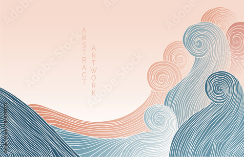 abstract japanese landscape on light background with colored lines and gradients	