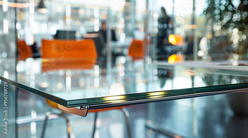Wallpaper Mural A minimalist and abstract image of a modern office meeting space interior design with sleek desk with chairs and blurred background Torontodigital.ca