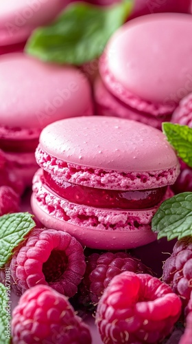 Raspberry macarons with mint leaves, vibrant and fresh, perfect for a colorful smartphone background. photo