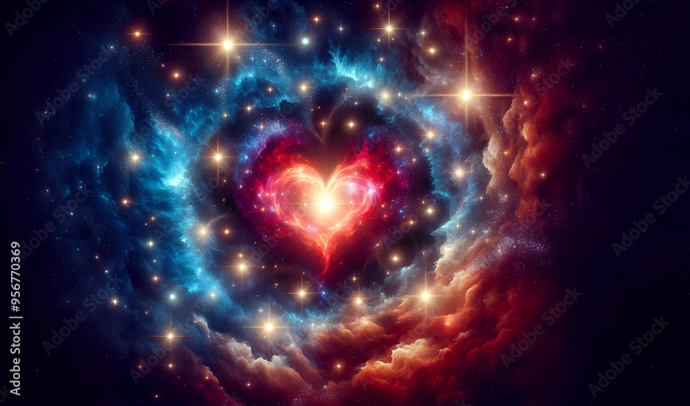 Watercolor painting of the universe with a heart-shaped nebula in the center. Watercolor painting of the universe with a heart-shaped nebula in the center.
