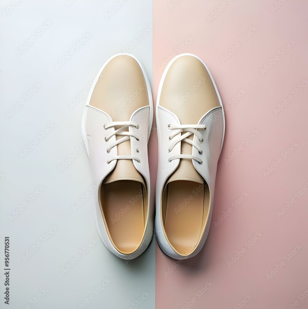 A pair of stylish. white and tan lace up shoes. perfectly positioned on a split background of pastel blue and pink.