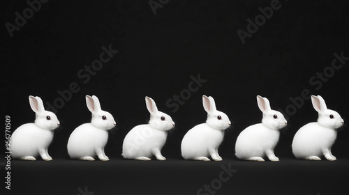 A row of white rabbits on a black background, side view, in a minimalist style, copy space photo