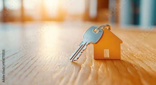 A close-up of a house key and keychain on a wooden surface, symbolizing home ownership and new beginnings with warm lighting. photo