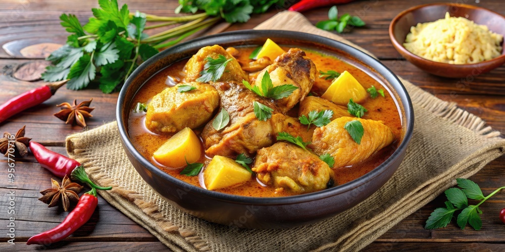 Bowl of flavorful curry with tender chicken, potatoes, and fragrant herbs , Curry, bowl, close-up, potato Bowl of flavorful curry with tender chicken, potatoes, and fragrant herbs , Curry, bowl, close-up, potato