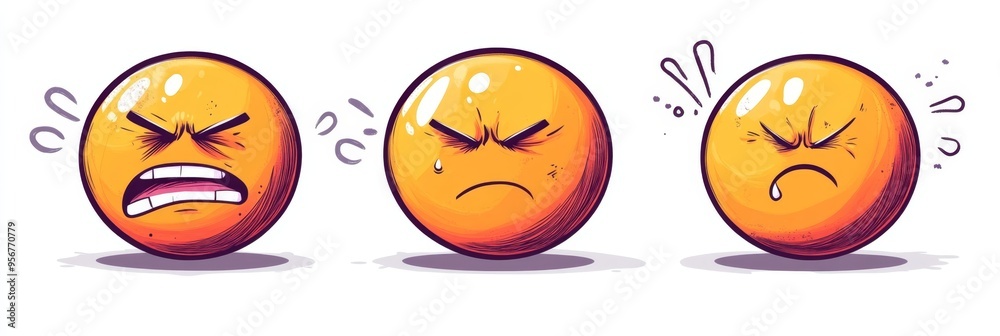 Set of three angry emoticons in doodle style on a white background showcasing different expressions Set of three angry emoticons in doodle style on a white background showcasing different expressions