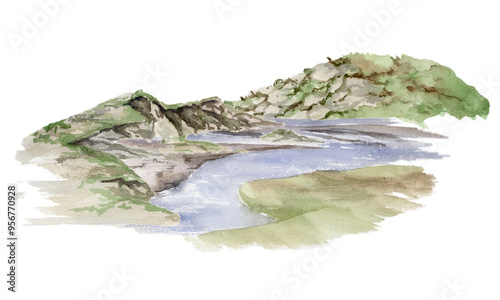 Scenery landscape, mountain cliffs crags rocks, green grass meadow field with river stream, hand drawn in watercolor. Illustration for resort ads, tourism, hiking camping sites vacation, nature maps.