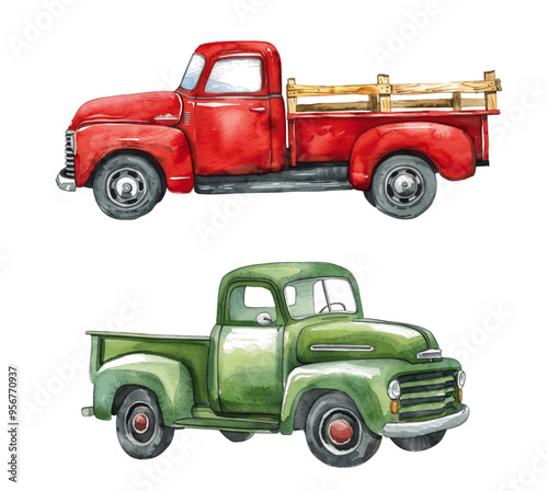 Watercolor Trucks Clipart. Retro Car Illustration. Farmhouse Transport on White Background. Red Truck Clipart. Hand Drawn Vintage Car.