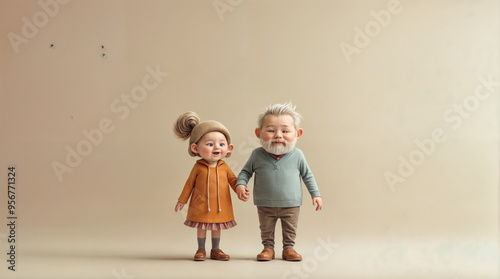 A cartoonish couple, one of whom is wearing a yellow jacket, are holding hands photo