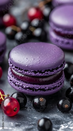 Purple macarons with currants and berries, vibrant and elegant, great for a stylish smartphone wallpaper. photo