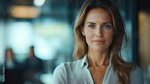 Portrait of a Confident Woman in a Light Blue Shirt