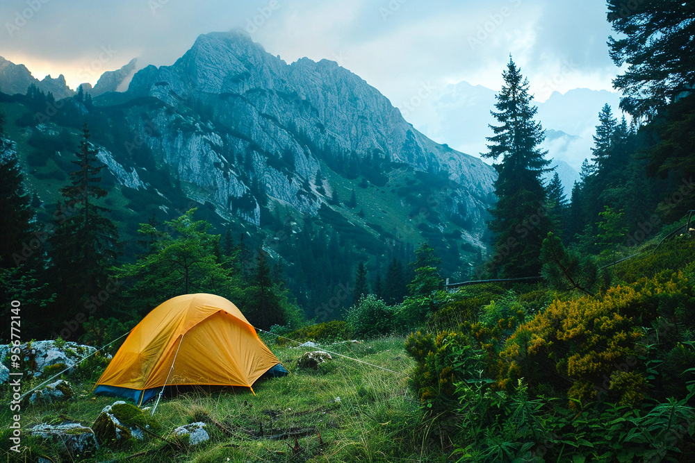 Yellow tent set in the mountains, surrounded by lush green forests under a misty sky at dawn. Yellow tent set in the mountains, surrounded by lush green forests under a misty sky at dawn.