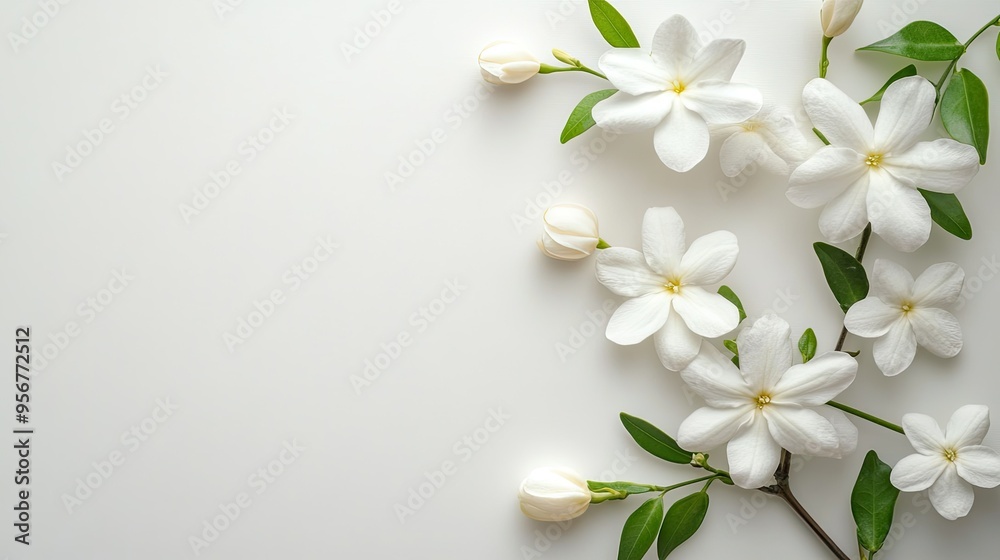 Fototapeta premium Beautiful white jasmine flowers with a minimalist background, leaving space for personalized text.