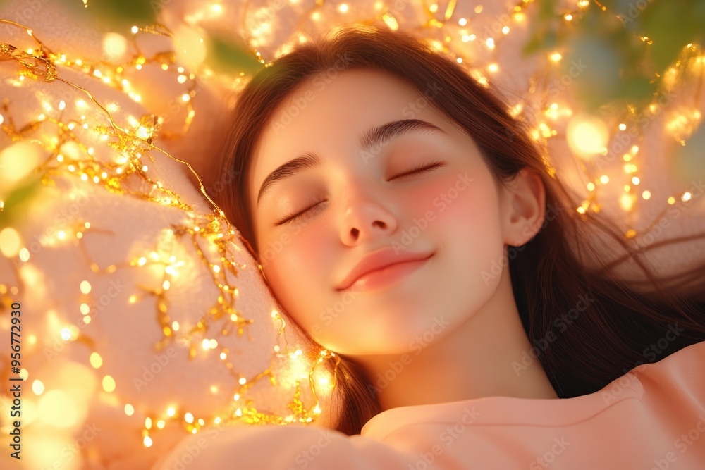 Peaceful Young Woman Basking in the Warmth of Her Bedroom, Surrounded by Twinkling Fairy Lights, Exuding Contentment and Serenity, A Moment of Pure Bliss Peaceful Young Woman Basking in the Warmth of Her Bedroom, Surrounded by Twinkling Fairy Lights, Exuding Contentment and Serenity, A Moment of Pure Bliss