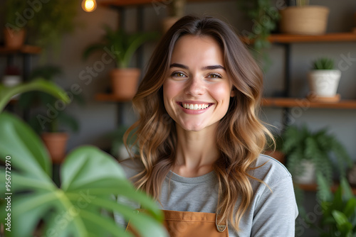 Smiling attractive female small business owner in her plant shop