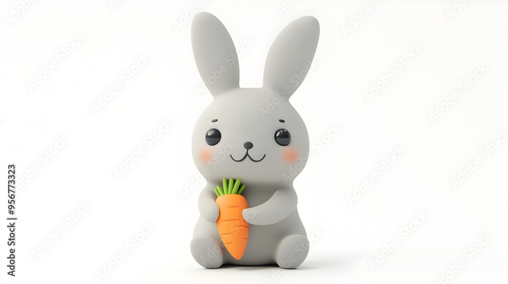 Fototapeta premium Adorable Clay Bunny Eating Carrot On White Background In Kawaii Style