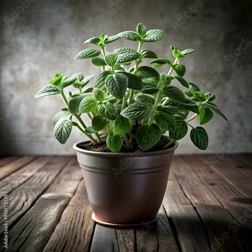 A vibrant pot of Cuban oregano. a fragrant herb. sits against a rustic background. photo