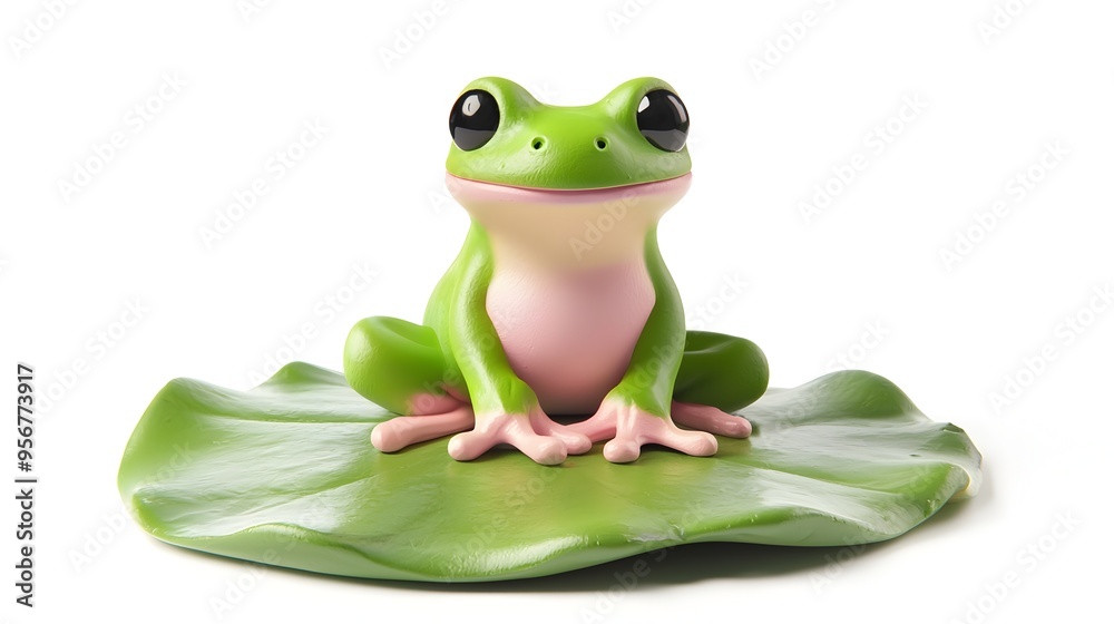 Obraz premium Adorable Green and Pink Clay Frog Figurine on Lily Pad