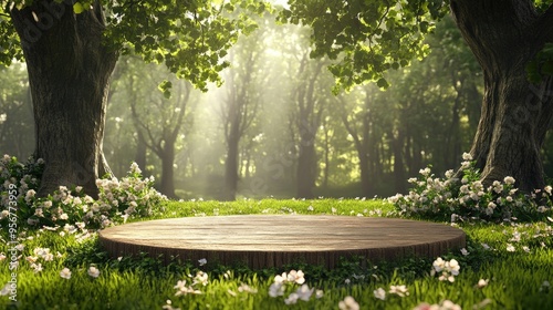 A circular wooden podium surrounded by lush green grass and blooming flowers, set against the backdrop of an enchanting forest with towering trees and dappled sunlight filtering through their leaves. 