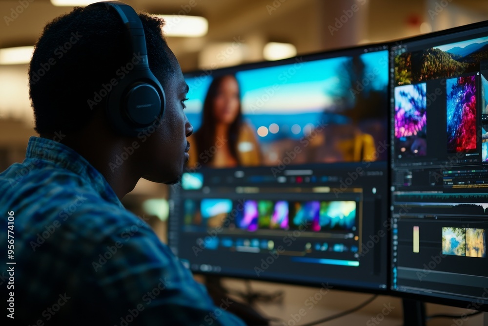 In this video, African American videographer edits a film montage using professional software at home and uses visual effects to create multimedia content. In this video, African American videographer edits a film montage using professional software at home and uses visual effects to create multimedia content.