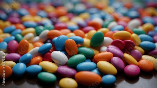 A bunch of colorful pills are scattered on a table.