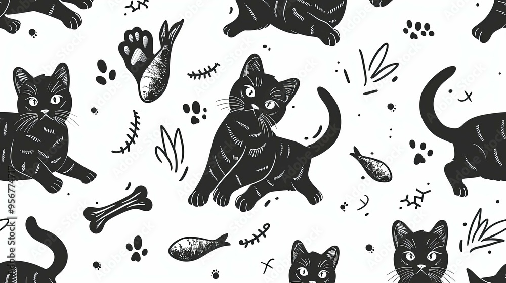 Black and White Seamless Pattern of Cats, Fish, and Bones Black and White Seamless Pattern of Cats, Fish, and Bones