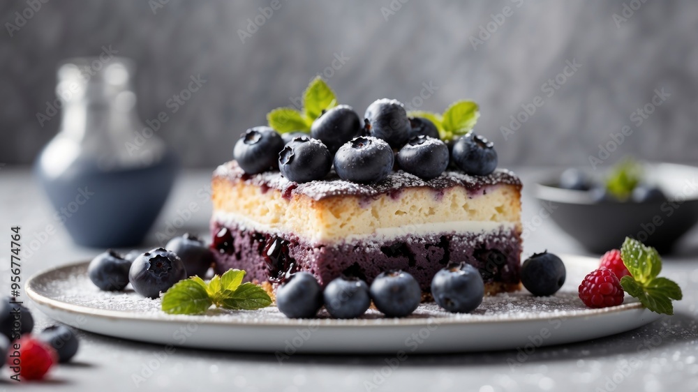 A cake topped with blueberries along with powdered sugar. A cake topped with blueberries along with powdered sugar.