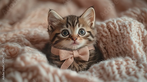 Adorable Kitten Wearing a Pink Bow in a Cozy Blanket