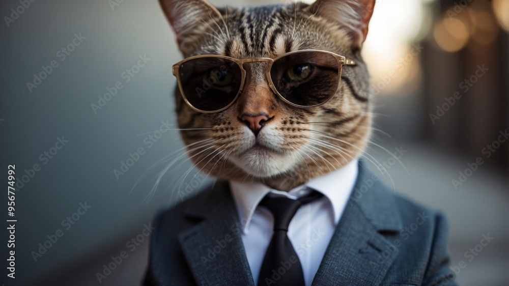 A cat wearing a suit and tie with sunglasses.