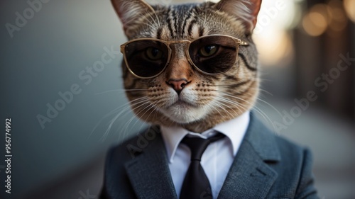 A cat wearing a suit and tie with sunglasses.