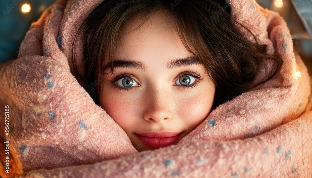 Young Woman Wrapped in a Cozy Blanket, Finding Serenity and Warmth in Her Personal Space, A Moment of Peace and Tranquility Young Woman Wrapped in a Cozy Blanket, Finding Serenity and Warmth in Her Personal Space, A Moment of Peace and Tranquility