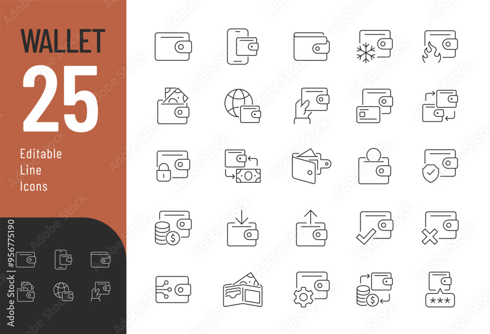 Wallet Line Editable Icons set. Vector illustration in thin line modern style of billfold related icons: cold, hot, digital wallet, and more. Isolated on white Wallet Line Editable Icons set. Vector illustration in thin line modern style of billfold related icons: cold, hot, digital wallet, and more. Isolated on white