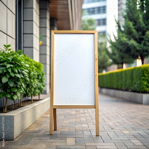 Blank A frame sidewalk sign mockup with a white background and wooden frame. perfect for showcasing your business information. menus. or promotions.