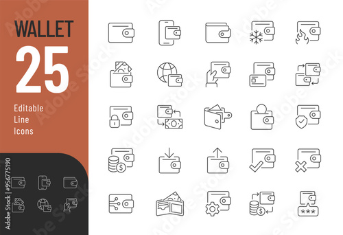 Wallet Line Editable Icons set. Vector illustration in thin line modern style of billfold related icons: cold, hot, digital wallet, and more. Isolated on white