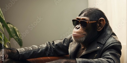 A chimpanzee wearing sunglasses as well as a leather jacket sitting on a couch. photo