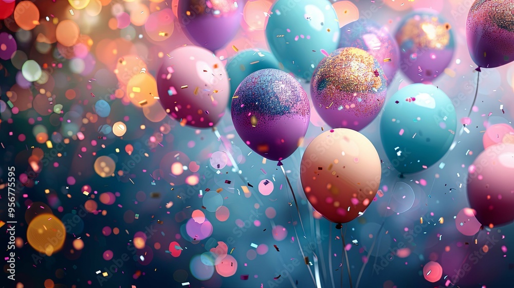 Colorful Balloons and Confetti Floating in a Festive Setting Colorful Balloons and Confetti Floating in a Festive Setting