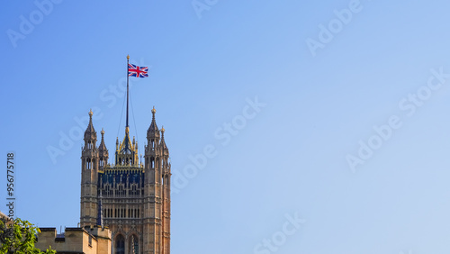 Canvas Print Gothic-style Westminster towers under a clear blue sky, iconic London architecture
